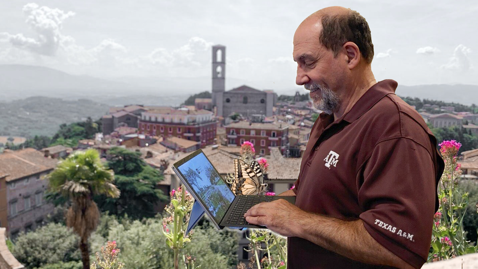 Composite illustration of Castiglion Fiorentino, Italy, and Rick Greig using a laptop.